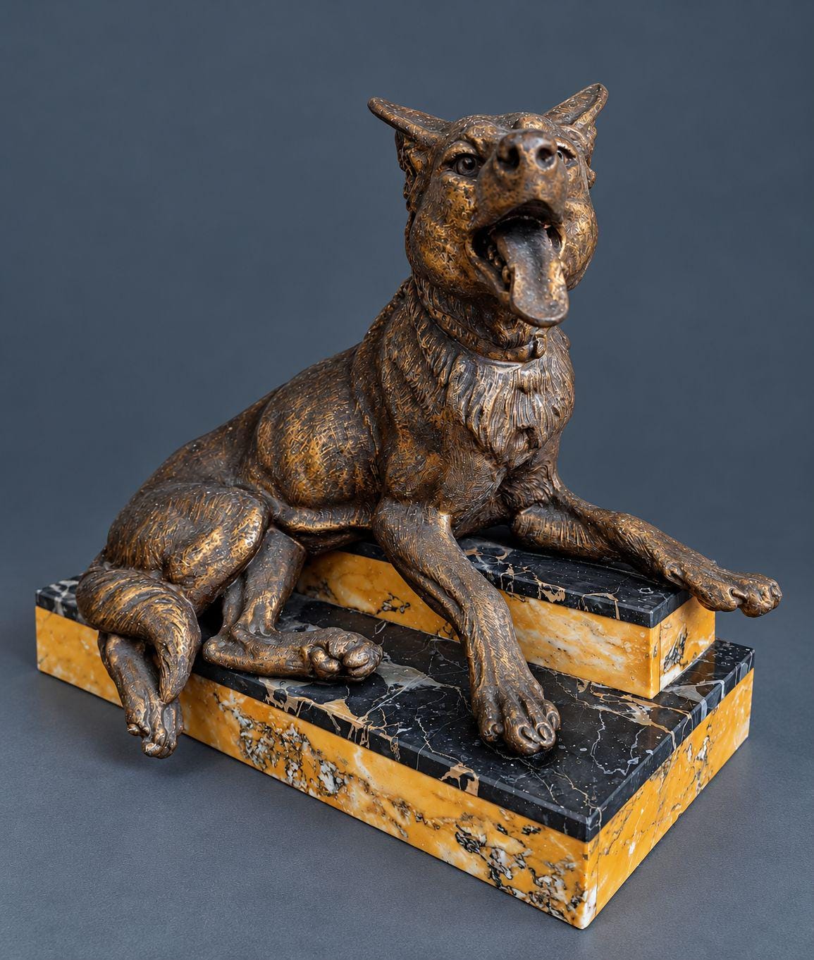 Vintage Art Deco L. Carvin Spelter German Shepherd Dog Sculpture, Signed on Collar, Reclining on Sienna and Portoro Marble Base