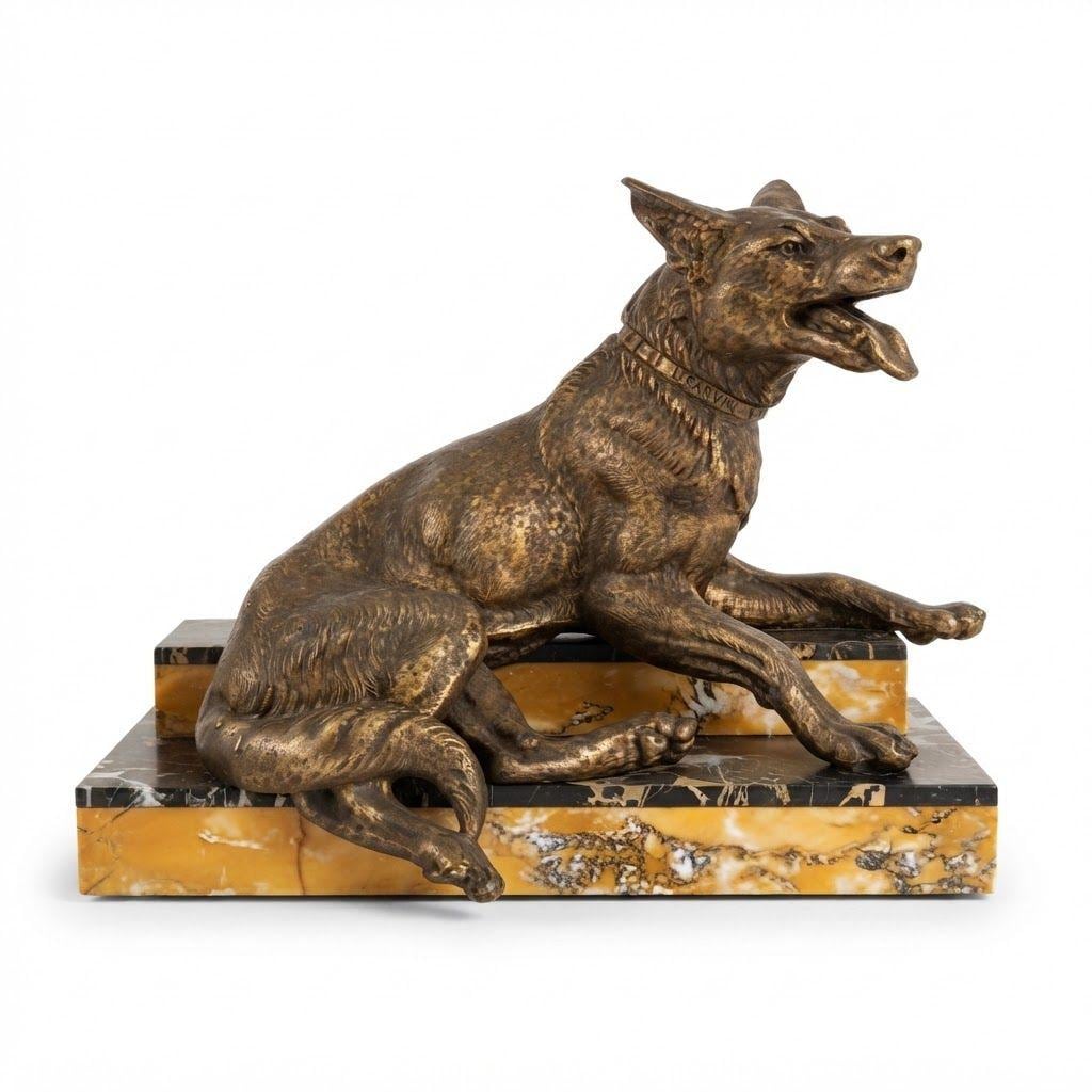 Vintage Art Deco L. Carvin Spelter German Shepherd Dog Sculpture, Signed on Collar, Reclining on Sienna and Portoro Marble Base
