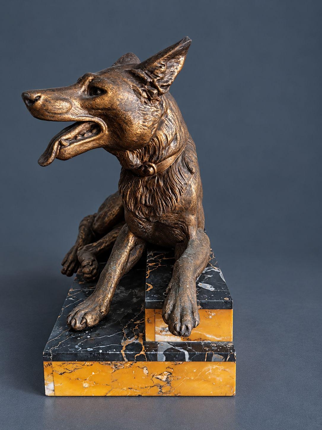 Vintage Art Deco L. Carvin Spelter German Shepherd Dog Sculpture, Signed on Collar, Reclining on Sienna and Portoro Marble Base