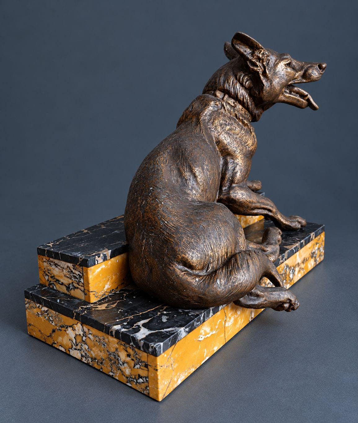 Vintage Art Deco L. Carvin Spelter German Shepherd Dog Sculpture, Signed on Collar, Reclining on Sienna and Portoro Marble Base