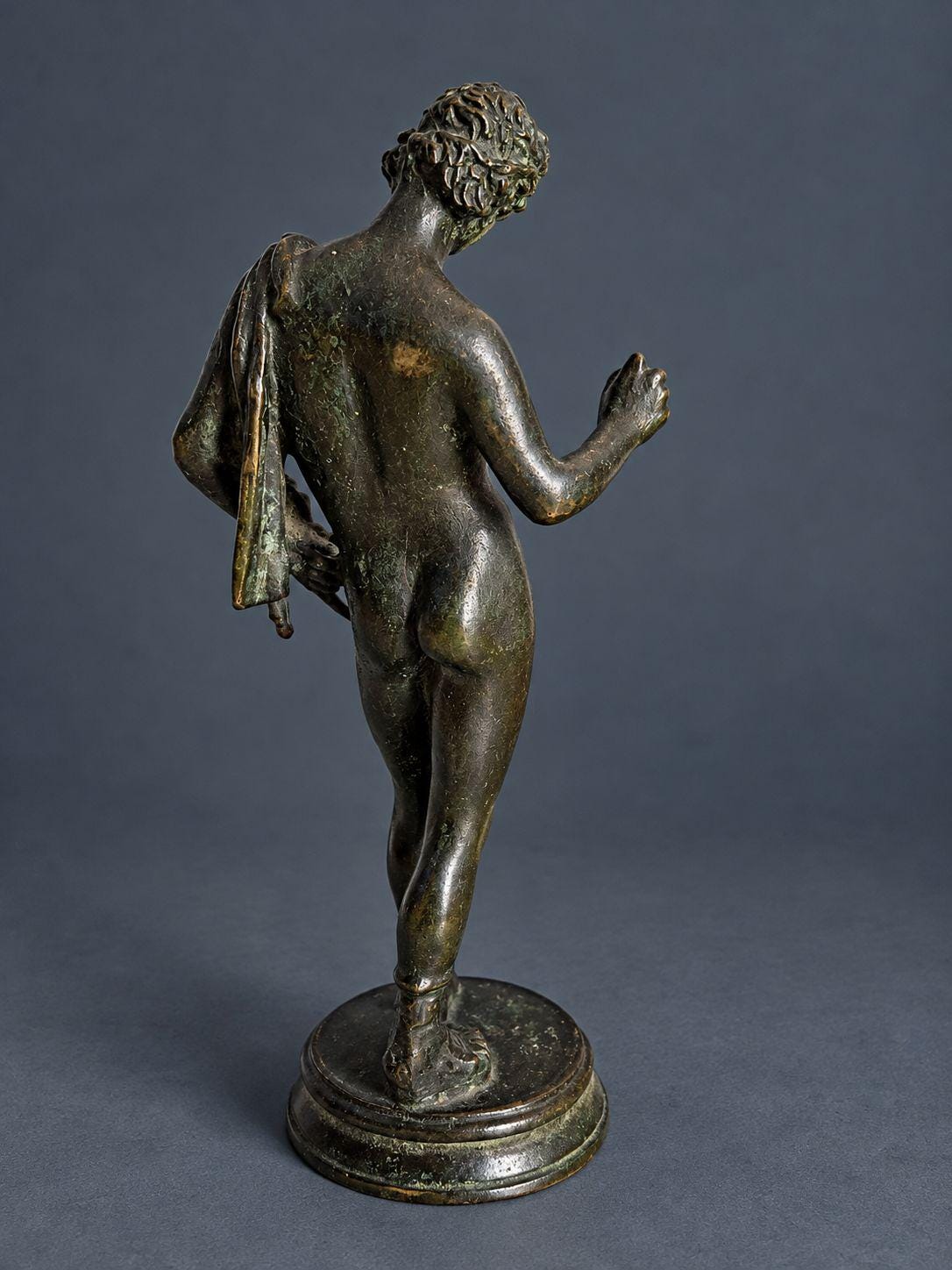Antique 19th Century Grand Tour Bronze Statuette of Narcissus or Dionysus, After the Pompeii Original, Dark Green Patina