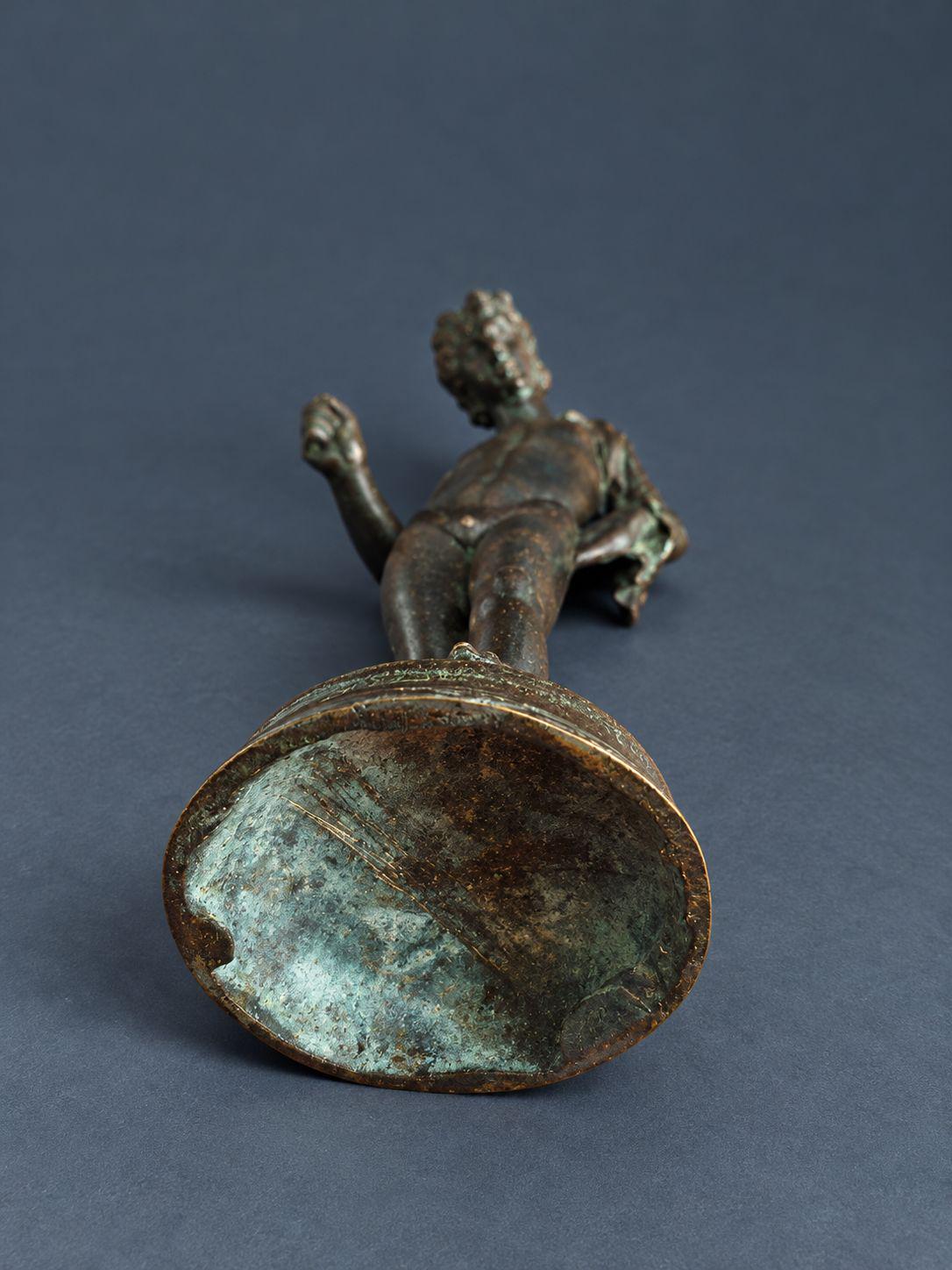 Antique 19th Century Grand Tour Bronze Statuette of Narcissus or Dionysus, After the Pompeii Original, Dark Green Patina
