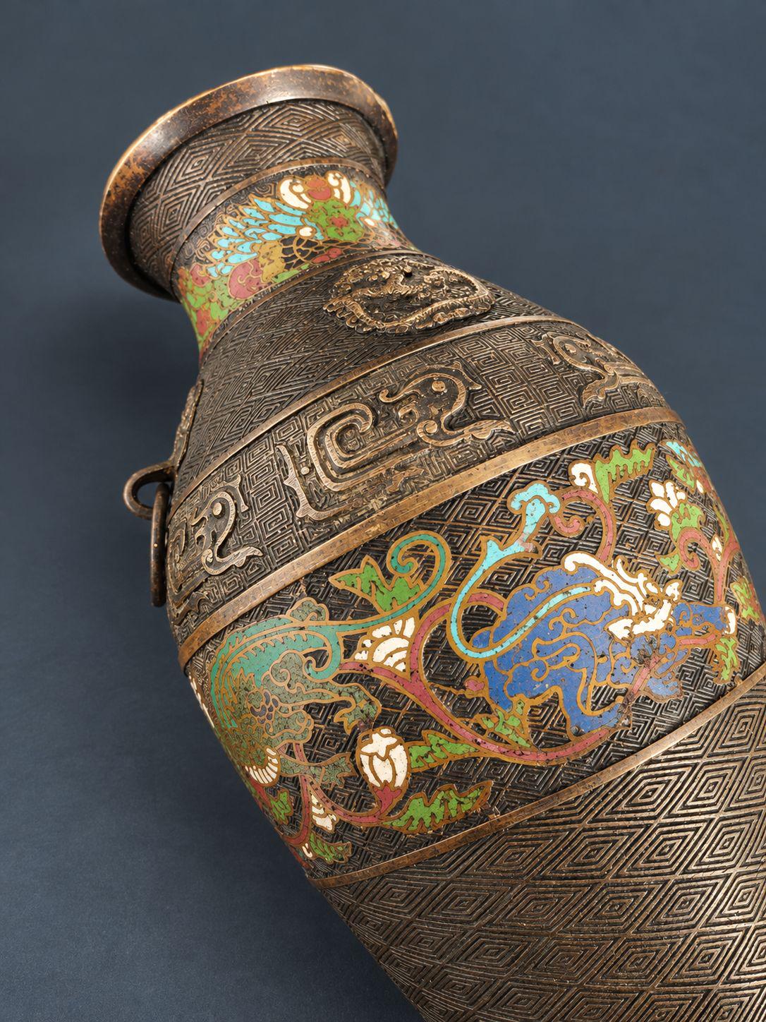 Vintage Large Archaistic Bronze Hu Vase with Cloisonne Enamel Bands, Dragon and Phoenix Decor, Ring Handles, circa 1900-1930