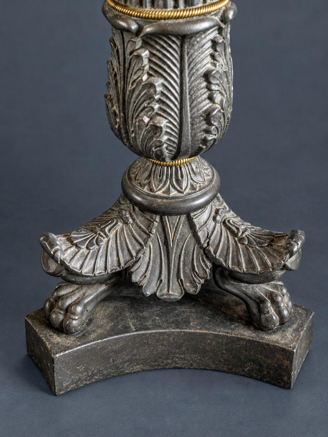 Pair of Antique Restauration Period Patinated Bronze Candlesticks, Fluted Columns with Palmettes and Lion Paw Feet, 1815-1830