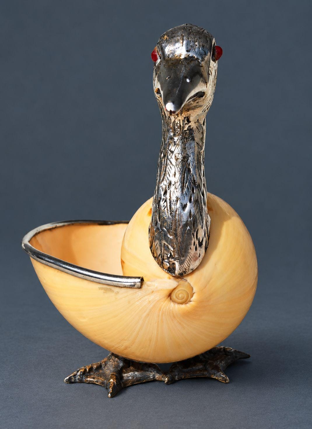 Vintage Silver-Mounted Seashell Duck Sculpture, Large Shell Body with Chased Feather Head and Red Glass Eyes, Desk Decor