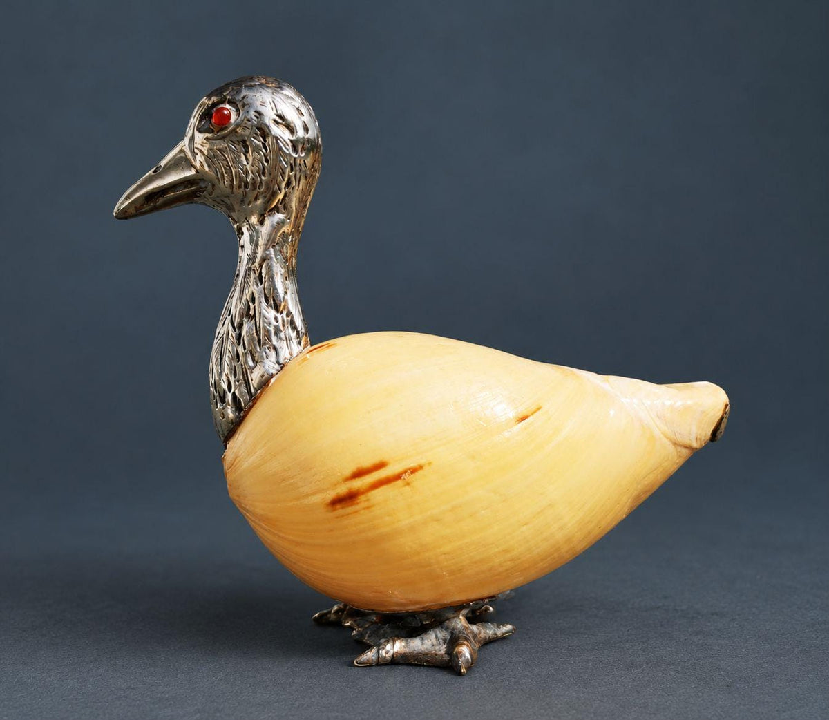 Vintage Silver-Mounted Seashell Duck Sculpture, Large Shell Body with Chased Feather Head and Red Glass Eyes, Desk Decor