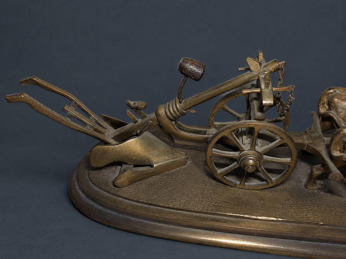 Antique 19th Century Bronze Ox Team and Wheeled Plow Sculpture, Agricultural Fair Trophy, Farmhouse Desk Decor on Oval Base