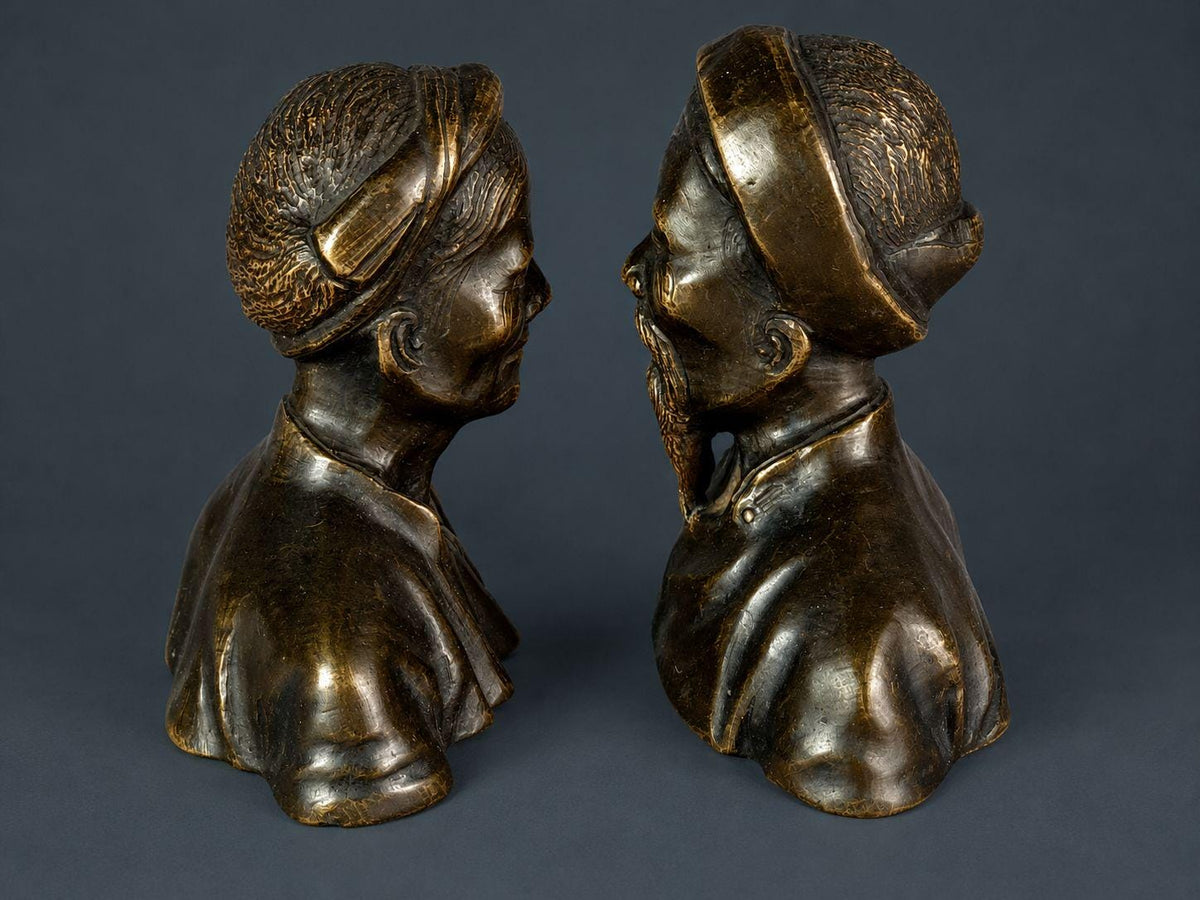 Pair of Antique Patinated Bronze Busts, Elderly Vietnamese Man and Woman in Traditional Khan Turbans, circa 1900