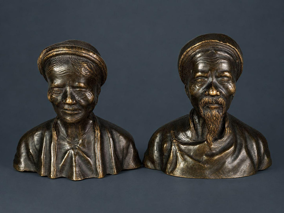 Pair of Antique Patinated Bronze Busts, Elderly Vietnamese Man and Woman in Traditional Khan Turbans, circa 1900