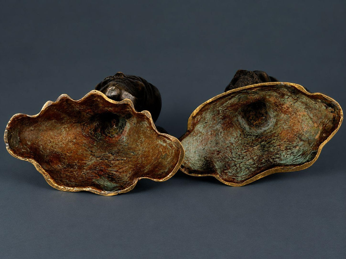 Pair of Antique Patinated Bronze Busts, Elderly Vietnamese Man and Woman in Traditional Khan Turbans, circa 1900