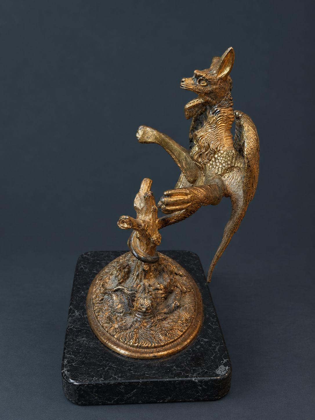 Antique Napoleon III Gilt Bronze Winged Chimera Sculpture, Horned Dragon Demon Perched on Serpent-Coiled Stump, Black Base