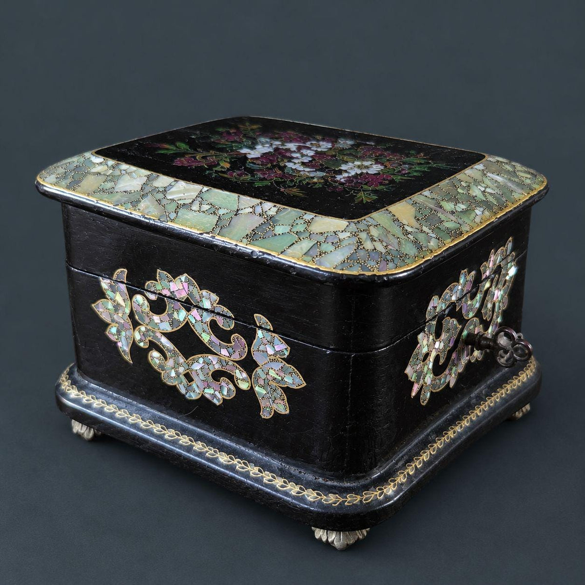 Antique Napoleon III Papier Mache Jewelry Box with Mother of Pearl Inlay, Painted Violets Lid, Tufted Silk Interior and Key