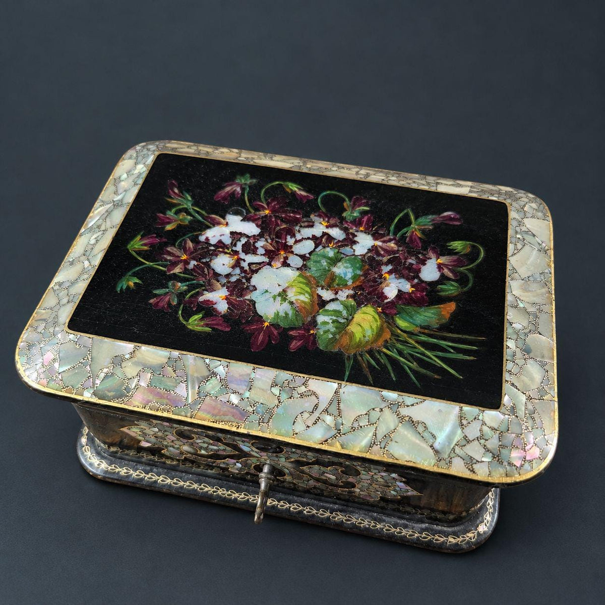 Antique Napoleon III Papier Mache Jewelry Box with Mother of Pearl Inlay, Painted Violets Lid, Tufted Silk Interior and Key