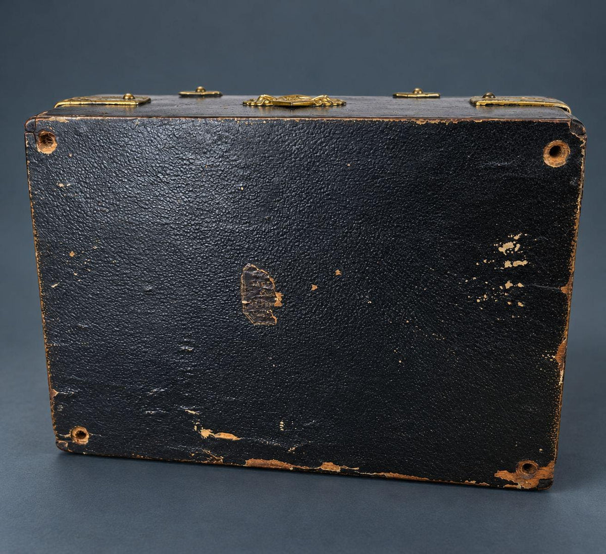 Antique Napoleon III Egyptian Revival Ebonized Box with Enameled Brass Pharaoh Head and Strapwork Mounts, Purple Silk Lining