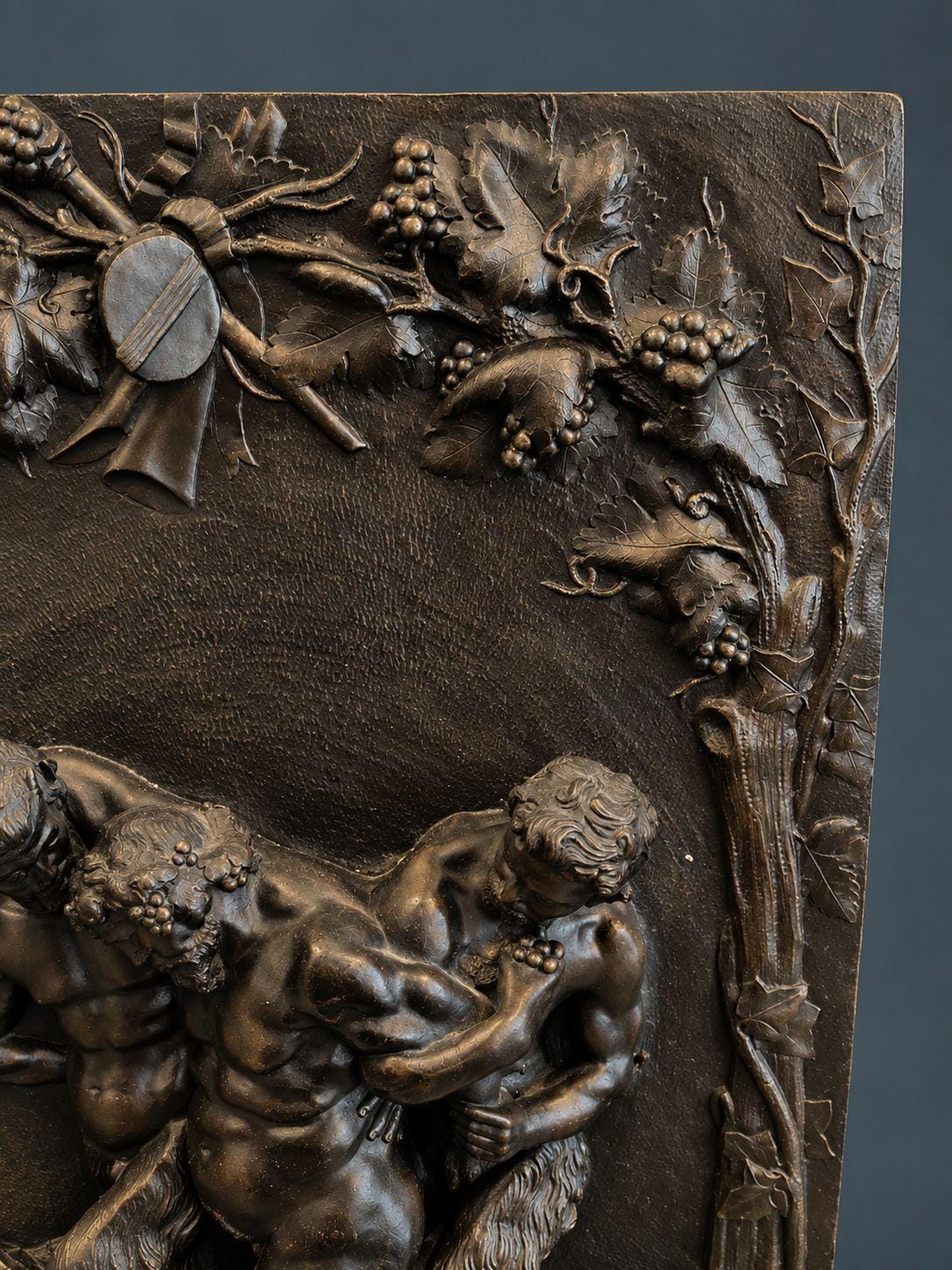 Antique 19th Century Bronze Bas-Relief Plaque, Drunken Silenus Supported by Two Satyrs Under a Grapevine Arch, Bacchanal