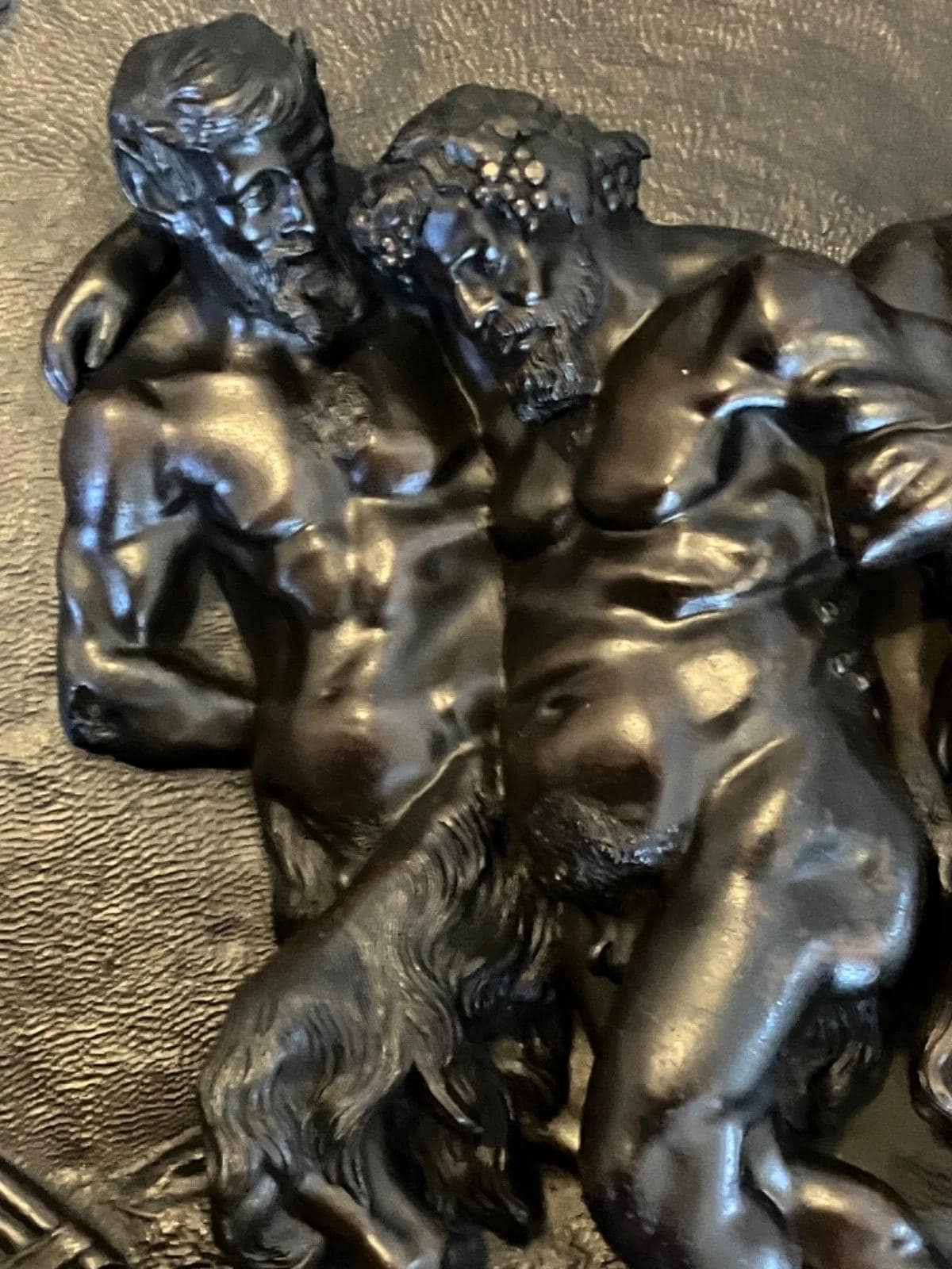 Antique 19th Century Bronze Bas-Relief Plaque, Drunken Silenus Supported by Two Satyrs Under a Grapevine Arch, Bacchanal
