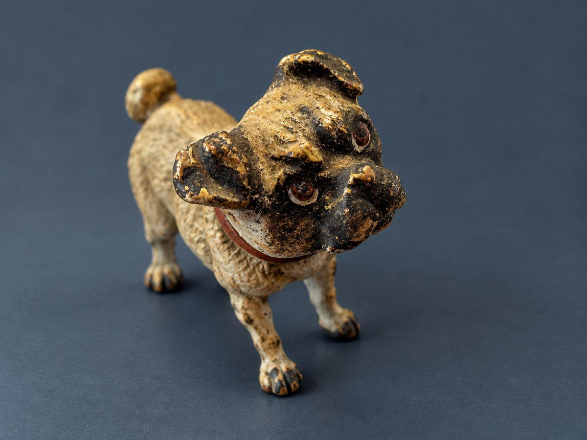 Antique Austrian Cold-Painted Vienna Bronze Pug Figurine, Miniature Dog with Red Collar and Curled Tail, circa 1900