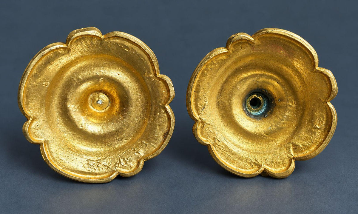 Pair of Antique 19th Century Gilt Bronze Rococo Candlesticks, Rocaille Shell Bases, Flower Garland Stems, Removable Bobeches