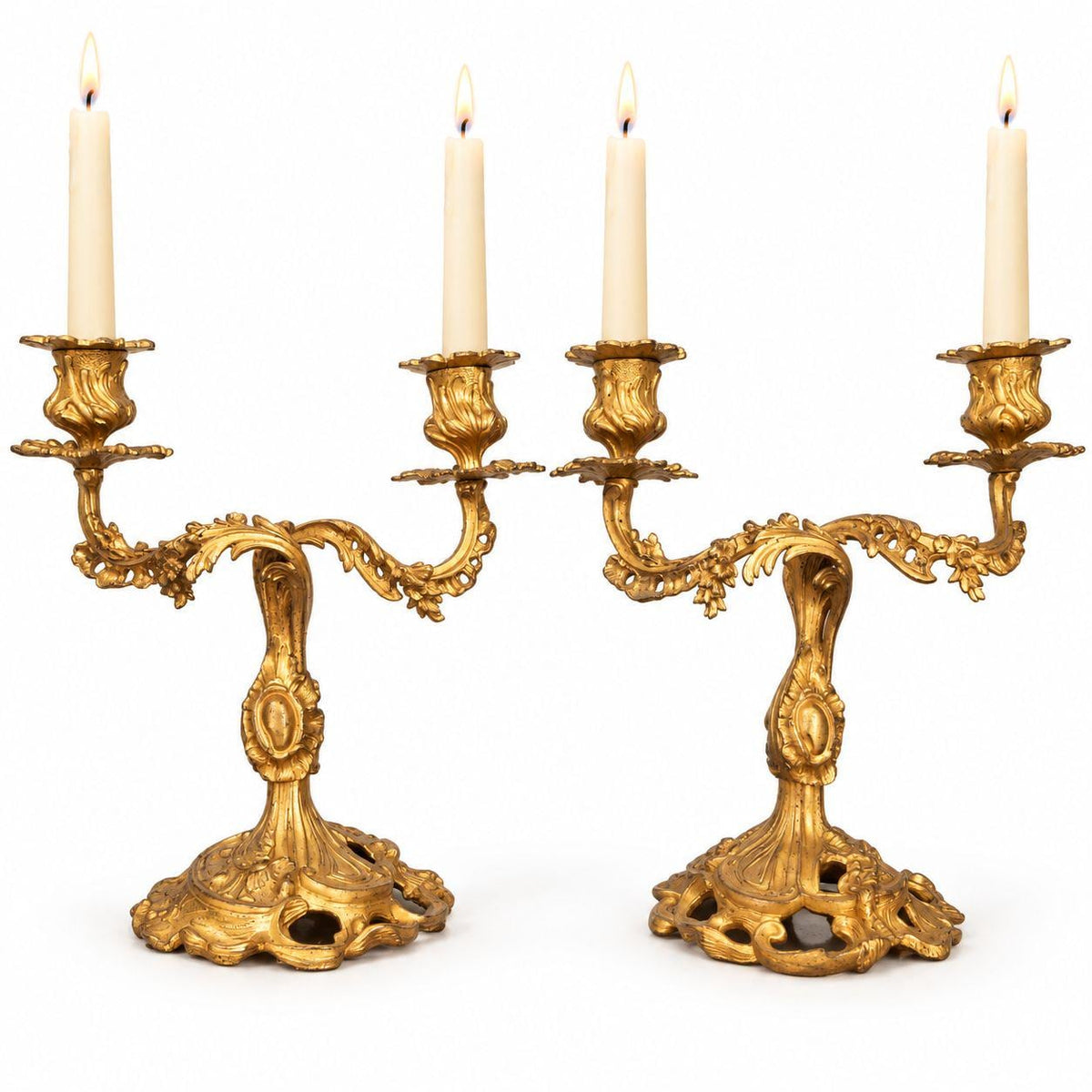 Pair of Antique 19th Century Louis XV Style Gilt Bronze Two-Light Candelabra, Rocaille Arms with Flowers and Pierced Bases