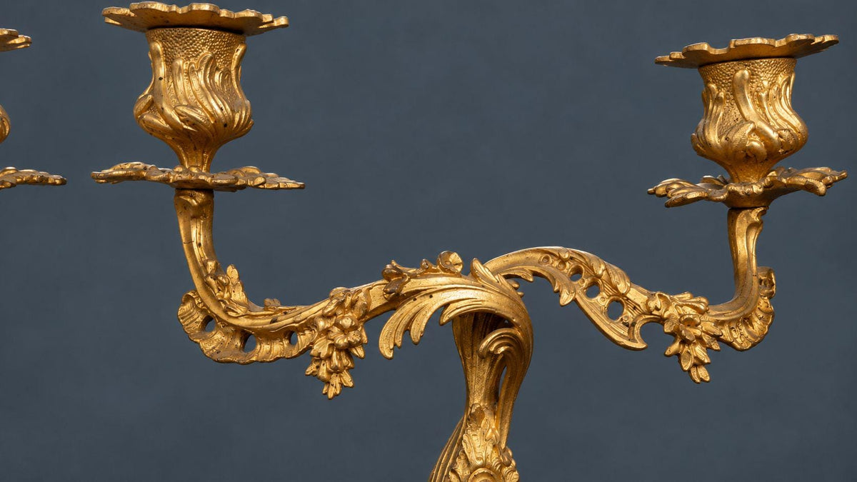 Pair of Antique 19th Century Louis XV Style Gilt Bronze Two-Light Candelabra, Rocaille Arms with Flowers and Pierced Bases