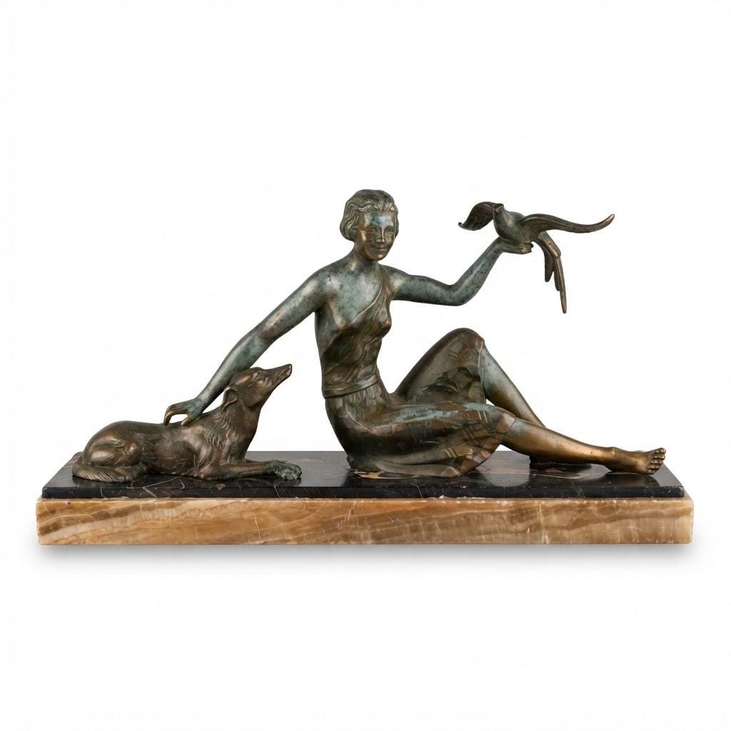 Vintage Art Deco Spelter Sculpture, Seated Woman with Greyhound Releasing an Exotic Bird, Portoro Marble Base, 1930s