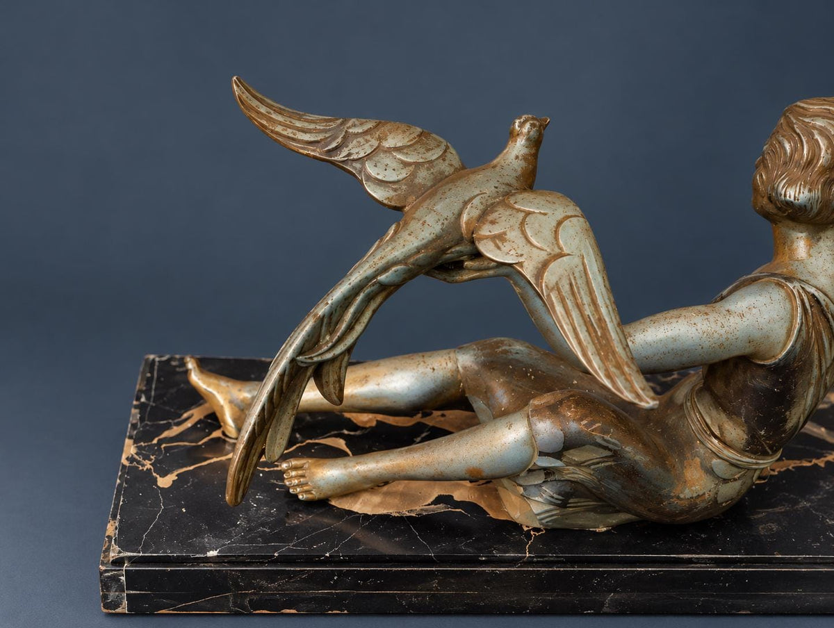 Vintage Art Deco Spelter Sculpture, Seated Woman with Greyhound Releasing an Exotic Bird, Portoro Marble Base, 1930s