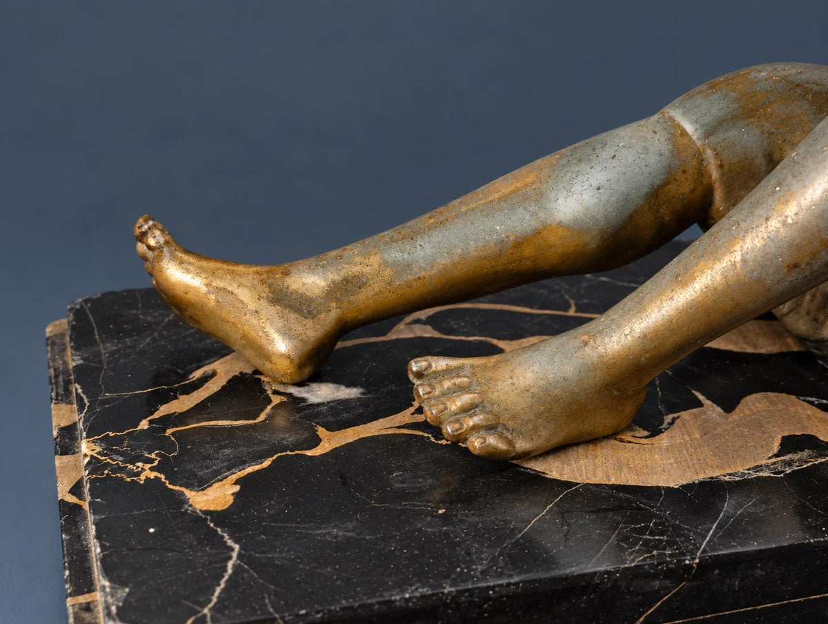 Vintage Art Deco Spelter Sculpture, Seated Woman with Greyhound Releasing an Exotic Bird, Portoro Marble Base, 1930s