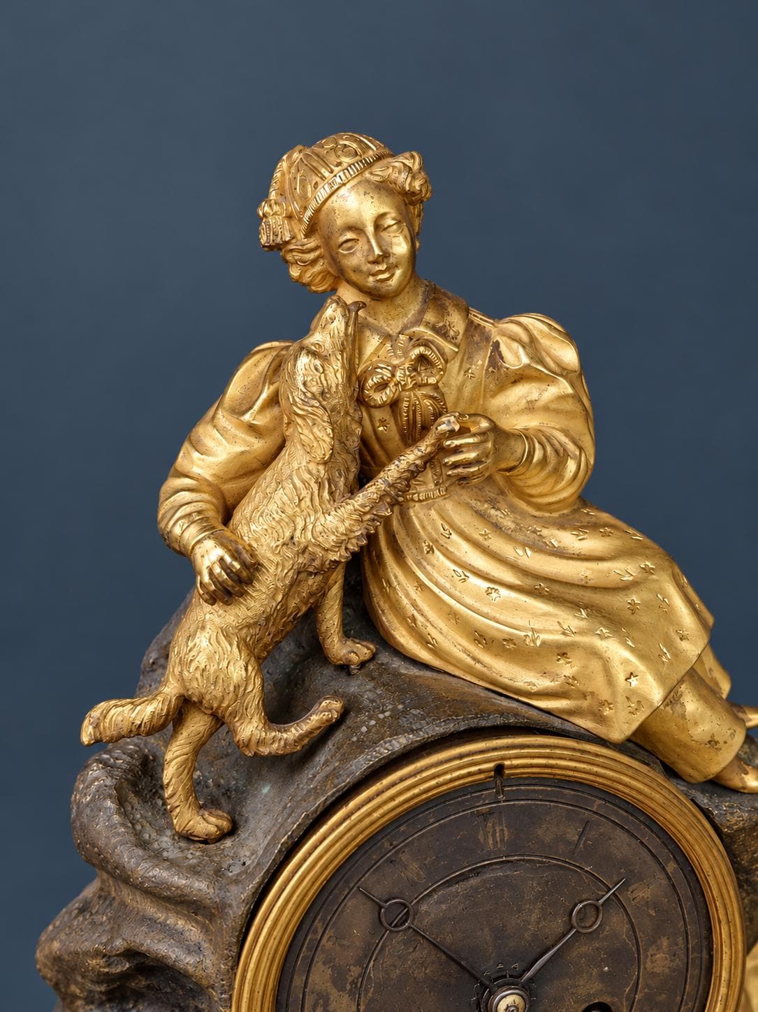 Antique Louis-Philippe Gilt Bronze Mantel Clock, Girl in Bonnet Playing with Her Spaniel, circa 1840, Sold for Restoration