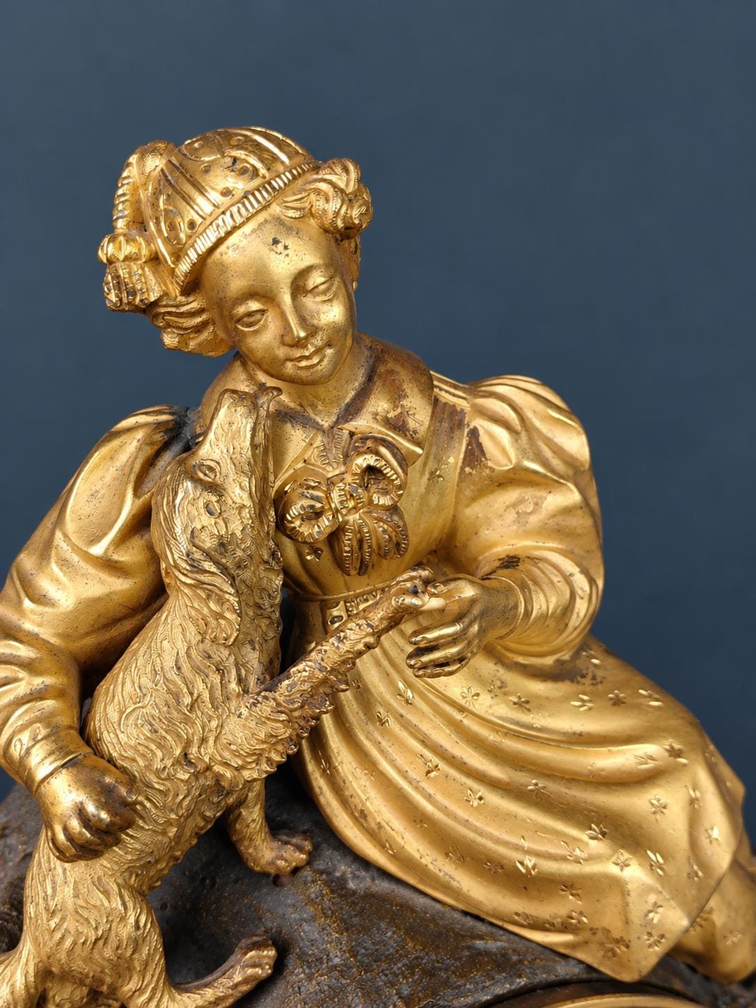Antique Louis-Philippe Gilt Bronze Mantel Clock, Girl in Bonnet Playing with Her Spaniel, circa 1840, Sold for Restoration