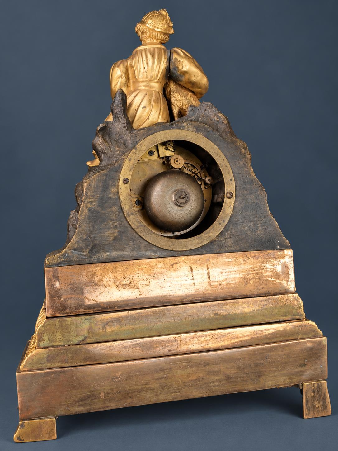 Antique Louis-Philippe Gilt Bronze Mantel Clock, Girl in Bonnet Playing with Her Spaniel, circa 1840, Sold for Restoration
