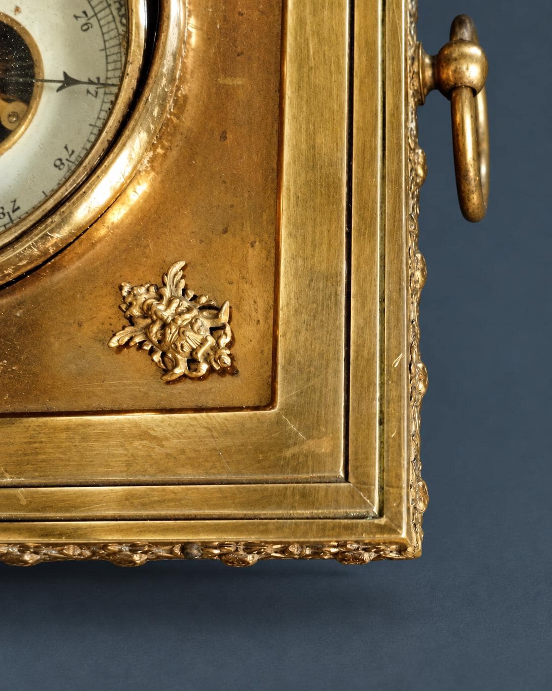 Antique French Gilt Brass Aneroid Barometer, Square Empire Style Frame with Gilt Mask Corner Mounts and Ring Hanger, 1890s