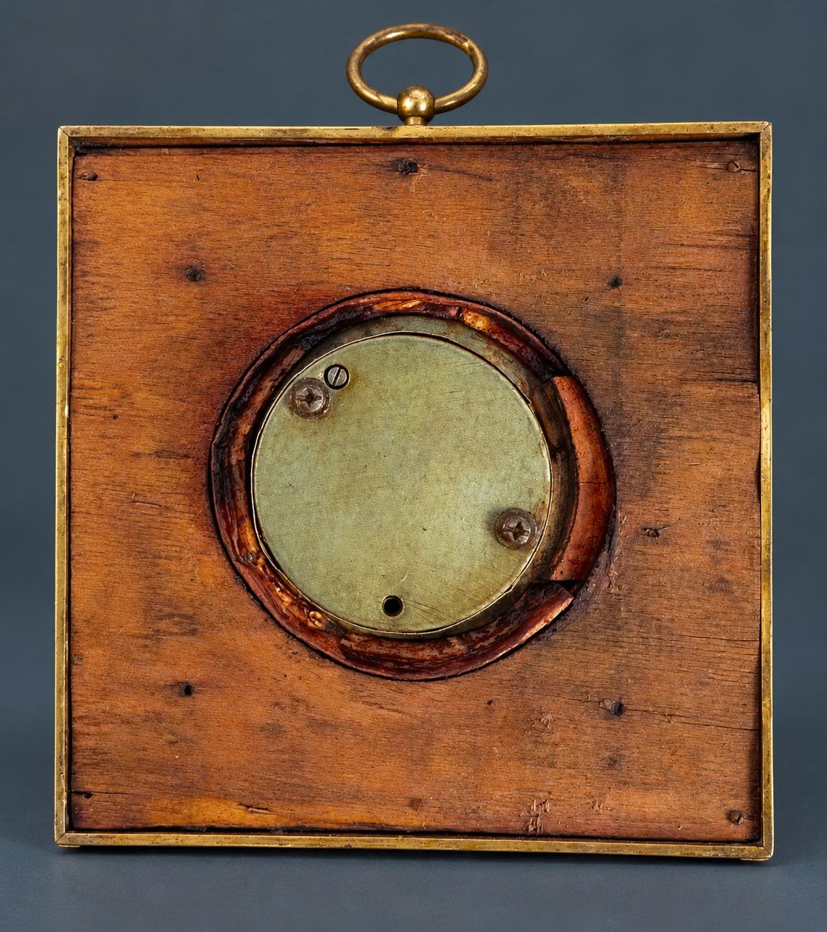 Antique French Gilt Brass Aneroid Barometer, Square Empire Style Frame with Gilt Mask Corner Mounts and Ring Hanger, 1890s