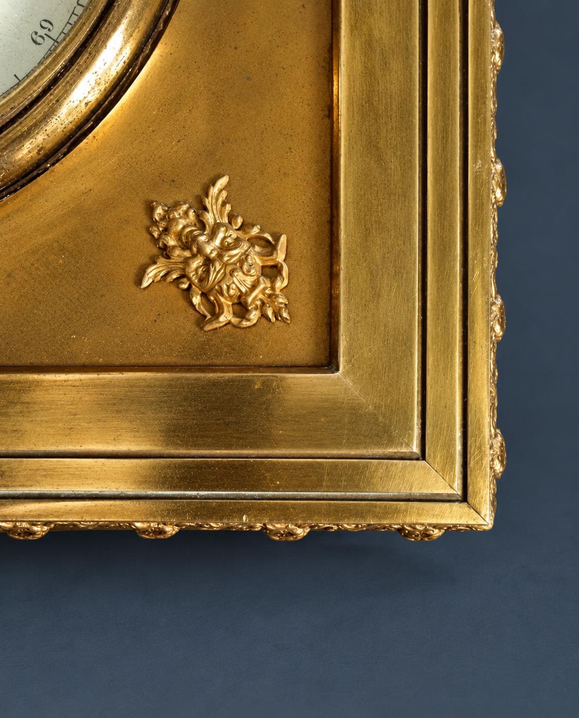 Antique French Gilt Brass Aneroid Barometer, Square Empire Style Frame with Gilt Mask Corner Mounts and Ring Hanger, 1890s