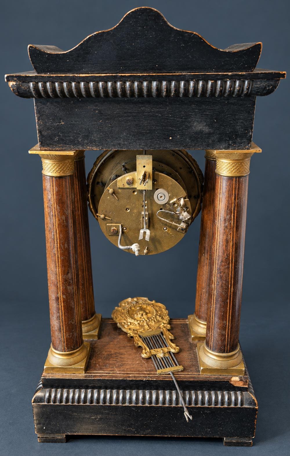 Antique Charles X Portico Mantel Clock with Inlaid Wood Marquetry, Four Columns, Gilt Bronze Dial Surround, circa 1830