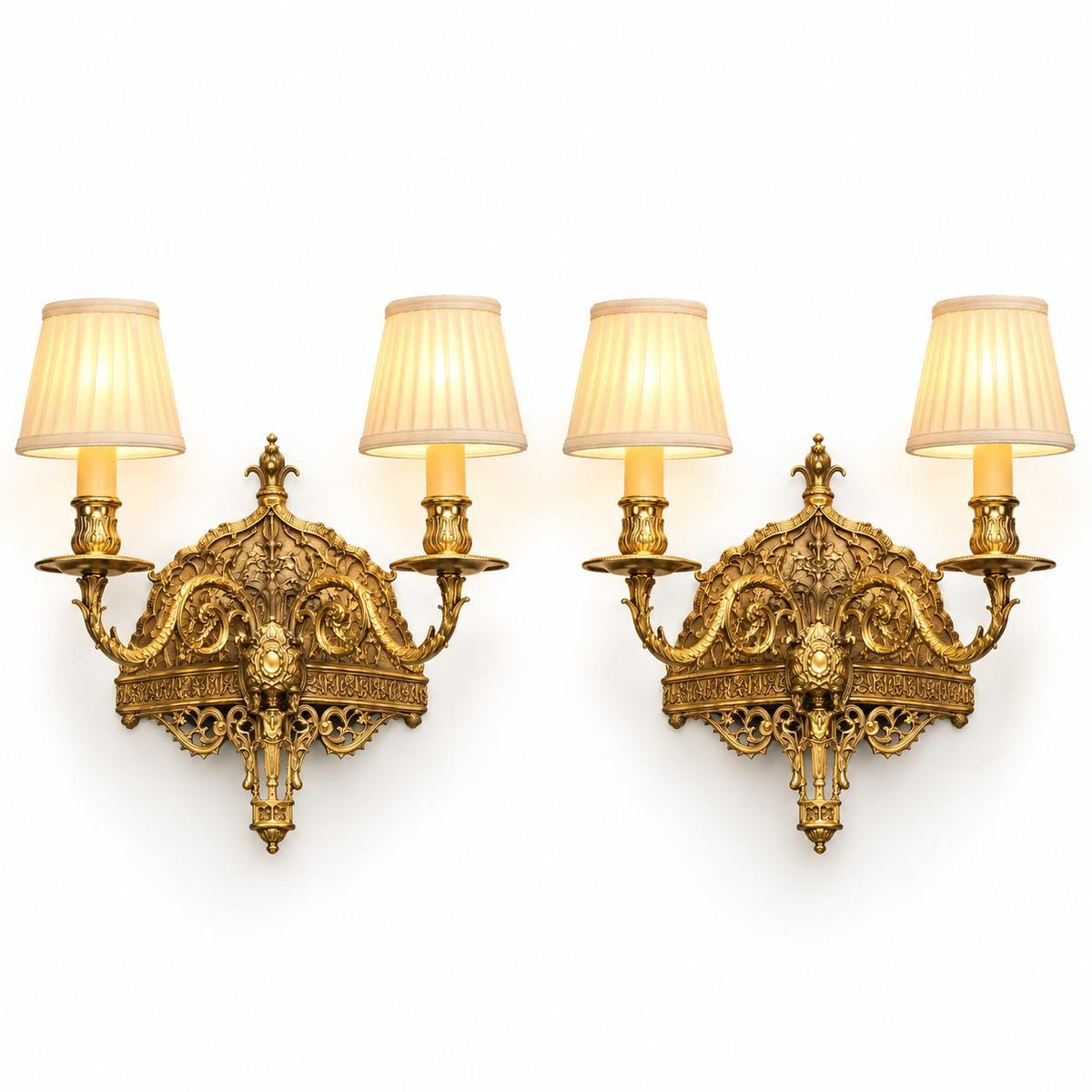 Pair of Antique Brass Two-Arm Wall Sconces, Pierced Ottoman Style Backplates with Scrolling Piano Sconce Arms, 19th Century