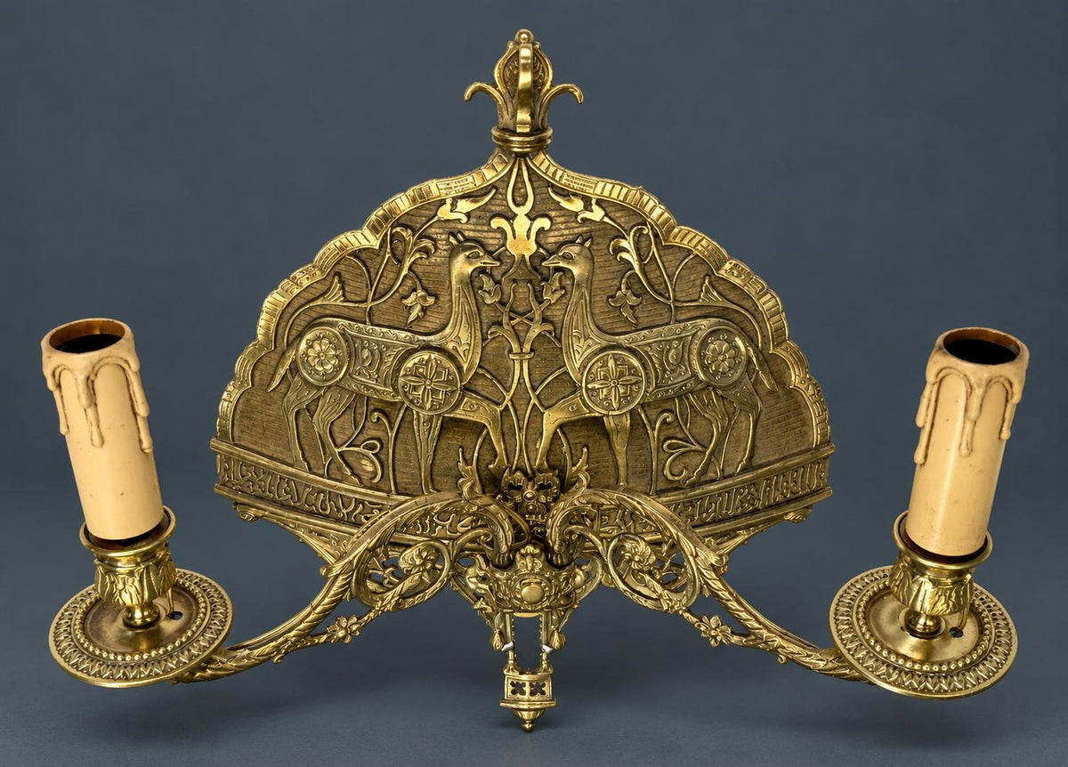 Pair of Antique Brass Two-Arm Wall Sconces, Pierced Ottoman Style Backplates with Scrolling Piano Sconce Arms, 19th Century