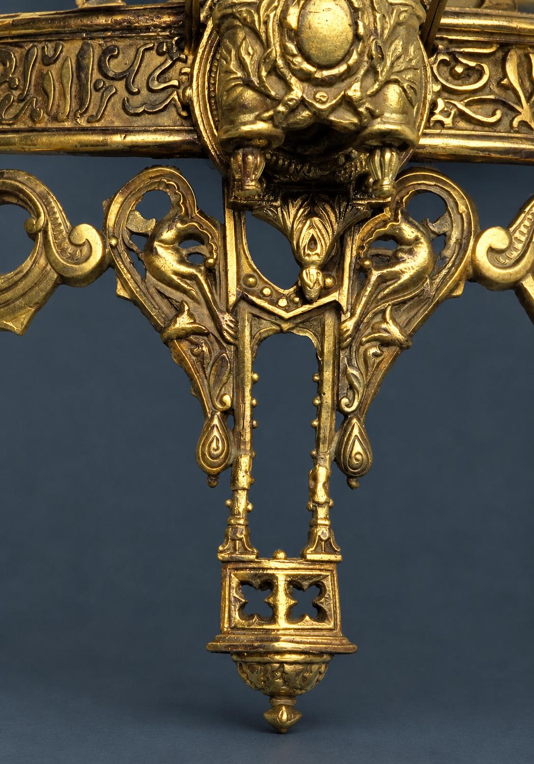 Pair of Antique Brass Two-Arm Wall Sconces, Pierced Ottoman Style Backplates with Scrolling Piano Sconce Arms, 19th Century