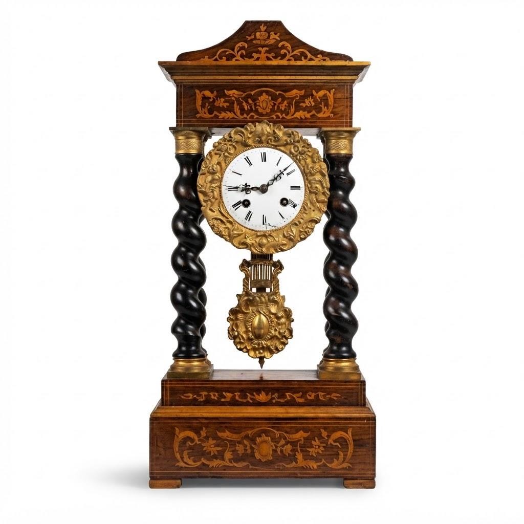 Antique Napoleon III Marquetry Portico Mantel Clock, Barley Twist Columns, Gilt Bronze Cherub Dial Surround, Working, Strikes