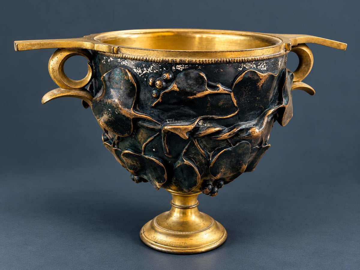 Antique Barbedienne Two-Tone Bronze Skyphos Cup with Ivy Leaves and Berries, After an Ancient Roman Silver Cup, Late 1800s