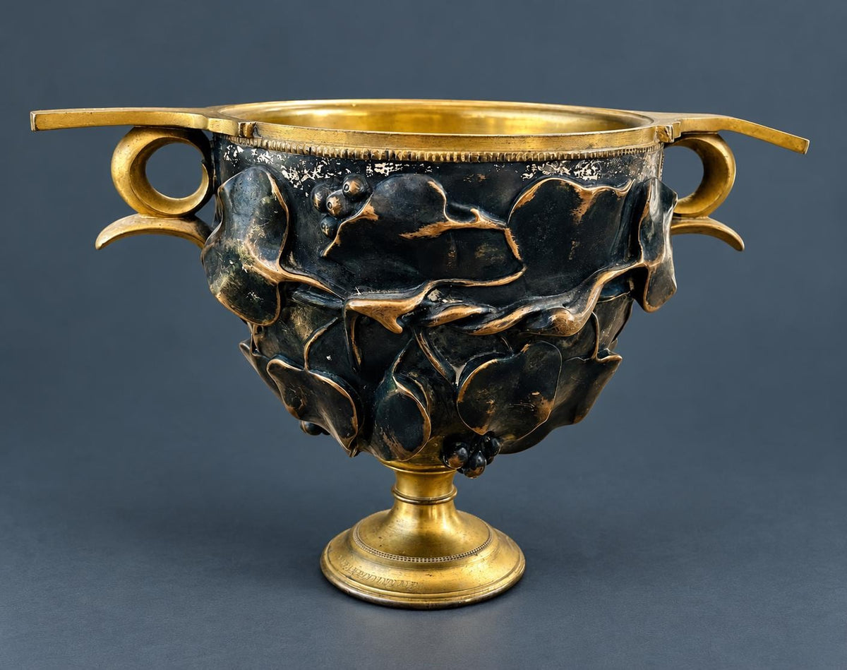 Antique Barbedienne Two-Tone Bronze Skyphos Cup with Ivy Leaves and Berries, After an Ancient Roman Silver Cup, Late 1800s