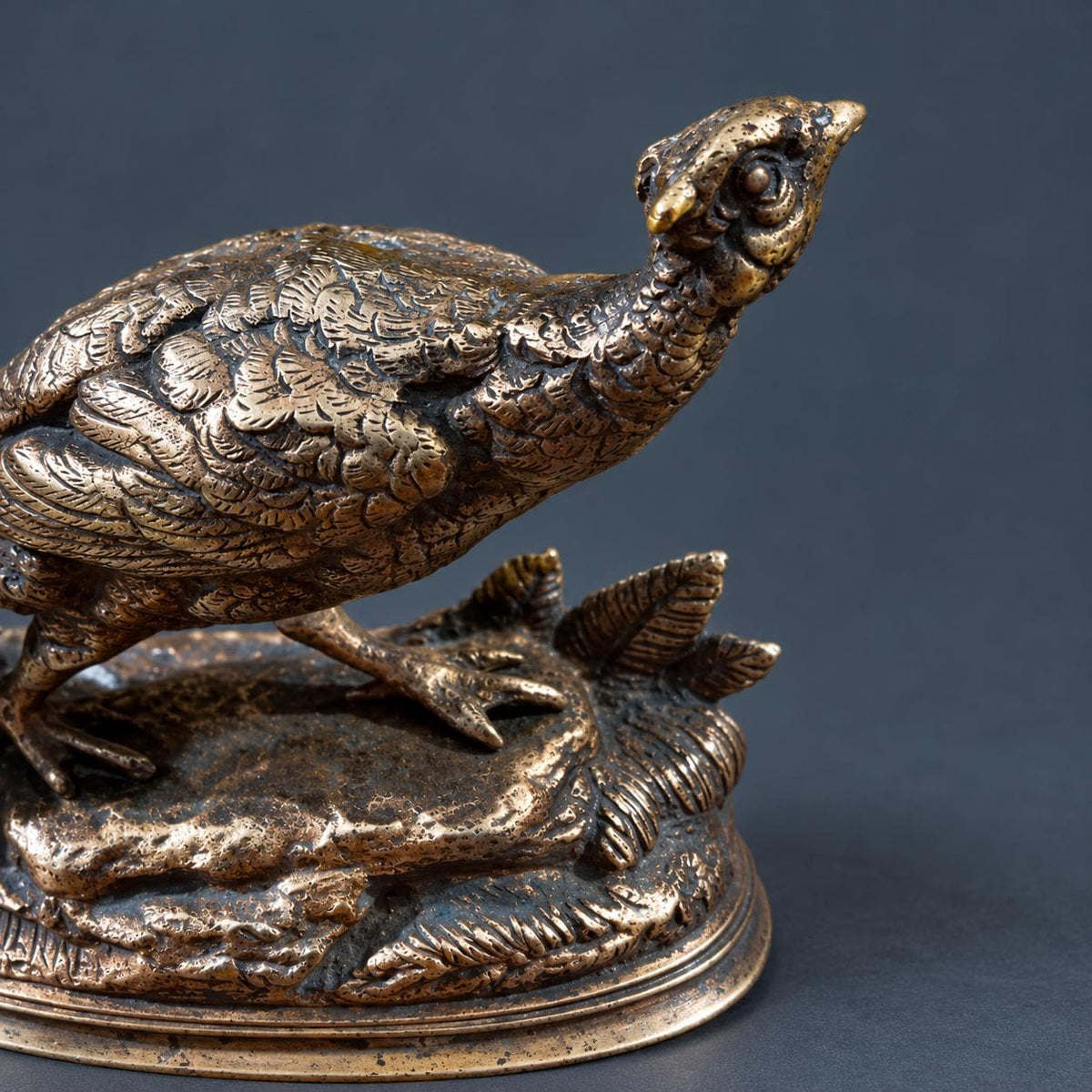 Antique French Animalier Bronze Pheasant by Edouard Delabrierre, Signed, Walking Game Bird on Leafy Oval Base, 19th C