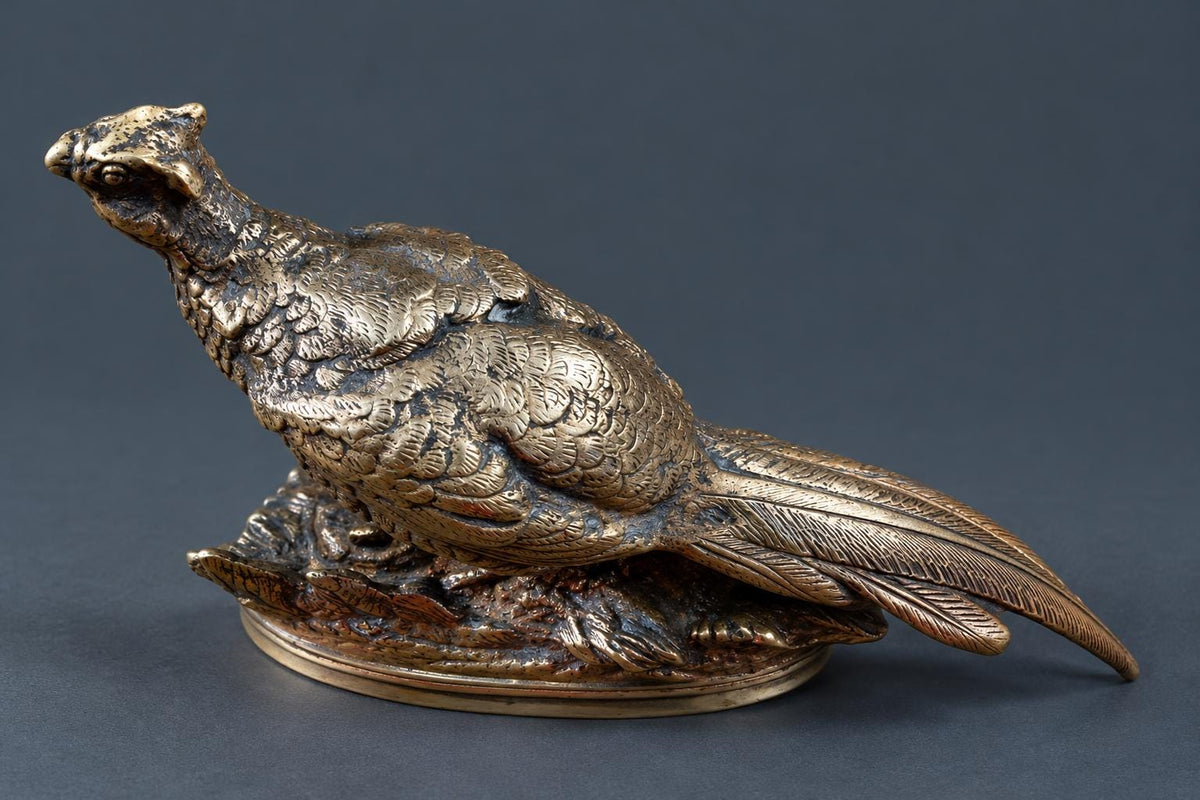 Antique French Animalier Bronze Pheasant by Edouard Delabrierre, Signed, Walking Game Bird on Leafy Oval Base, 19th C