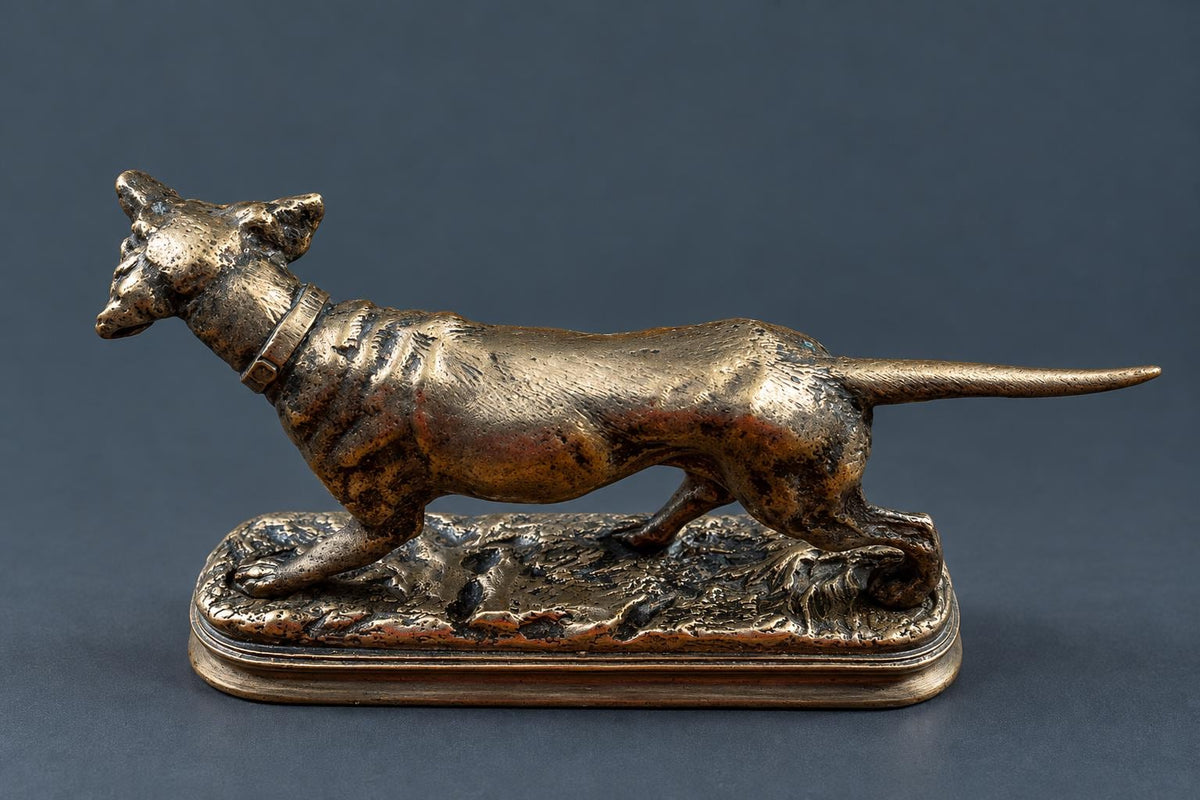 Antique French Animalier Bronze Pointer Dog by Alfred Dubucand, Signed, Hunting Dog on Point with Collar, 19th Century