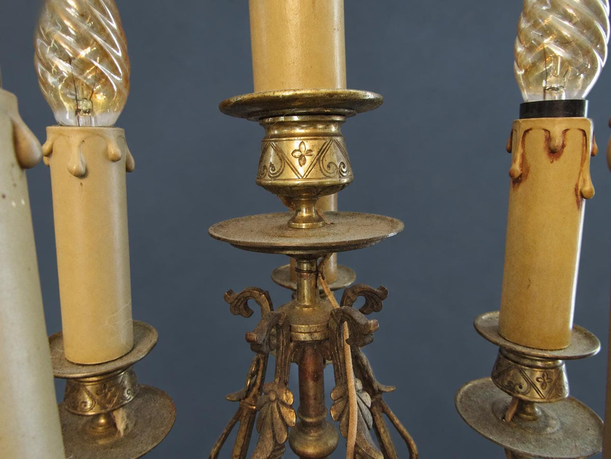 Pair of Antique Napoleon III Bronze Six-Light Candelabra Table Lamps, Urn Stems with Medallions, Black Marble Bases, 26 in