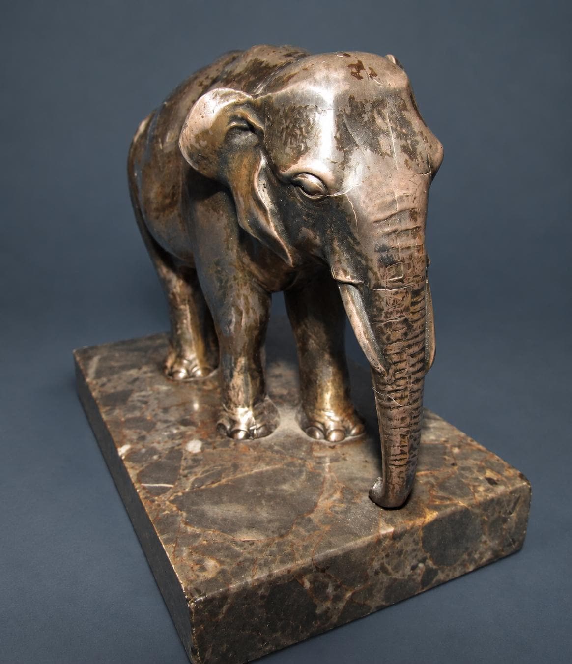 Vintage Art Deco Silvered Spelter Elephant Sculpture on Marble Base, Walking Asian Elephant with Trunk Down, 1930s Decor