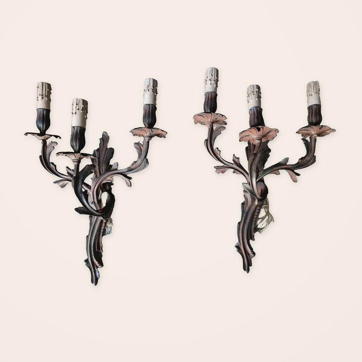 Pair of Vintage Large Louis XV Style Bronze Wall Sconces, Three-Arm Rocaille Acanthus Design, Dark Patina with Copper Tones