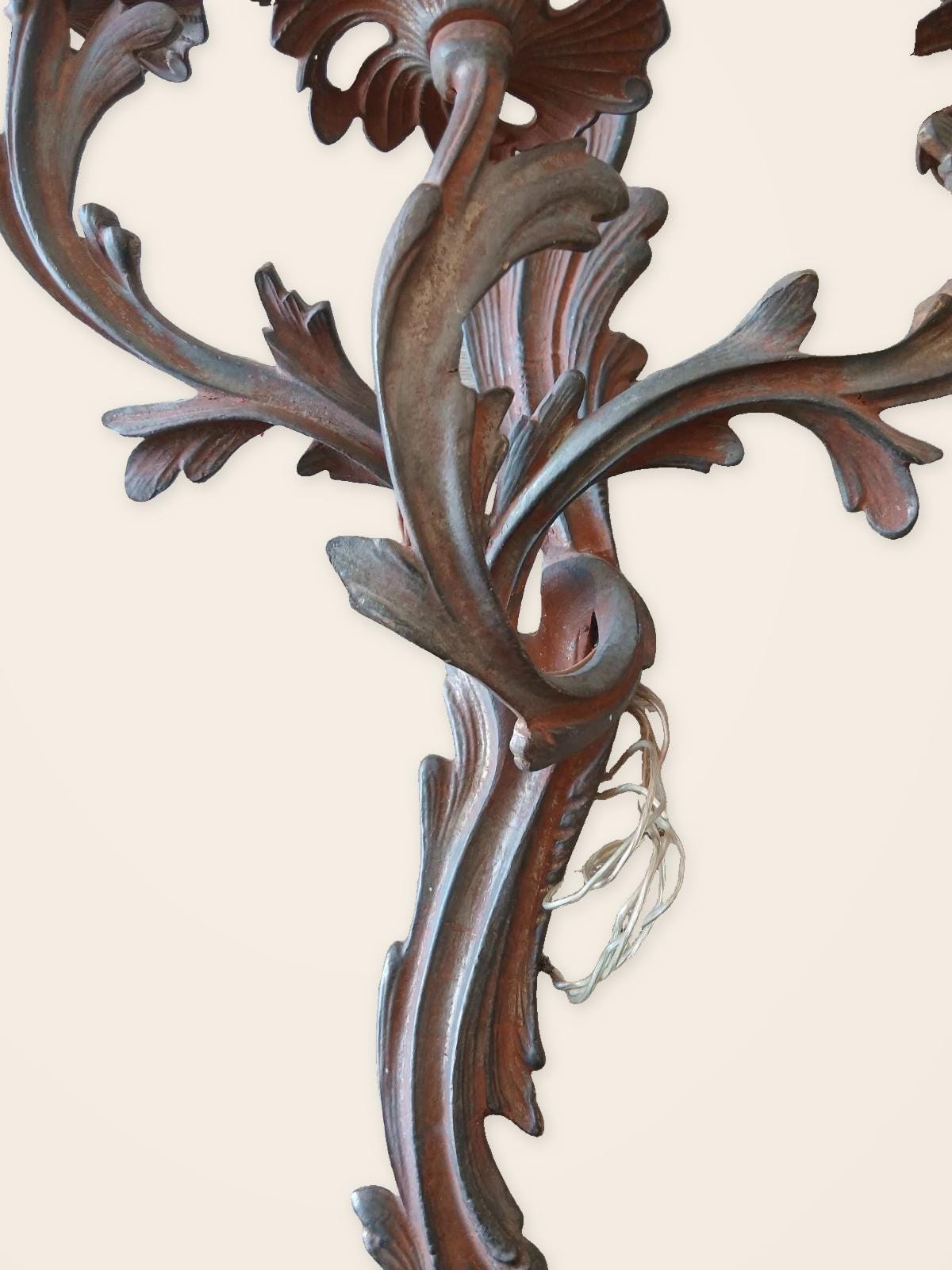 Pair of Vintage Large Louis XV Style Bronze Wall Sconces, Three-Arm Rocaille Acanthus Design, Dark Patina with Copper Tones