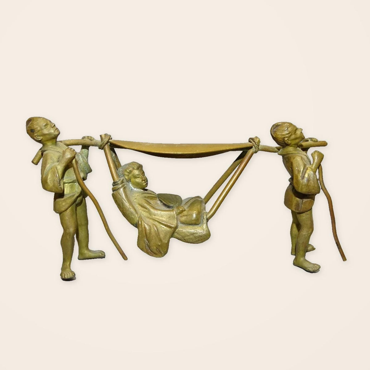 Antique Napoleon III Japonisme Bronze Figure Group, Two Bearers Carrying a Lady with Fan in a Hammock Litter, 19th Century