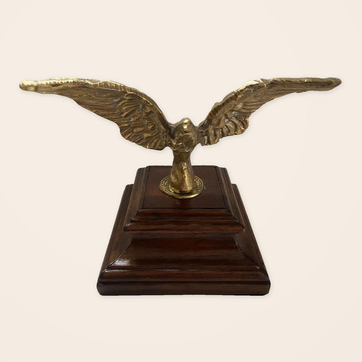 Vintage 1940s Gilt Bronze Eagle Trophy Paperweight with Spread Wings on Stepped Wood Plinth, Desk Sculpture or Office Decor