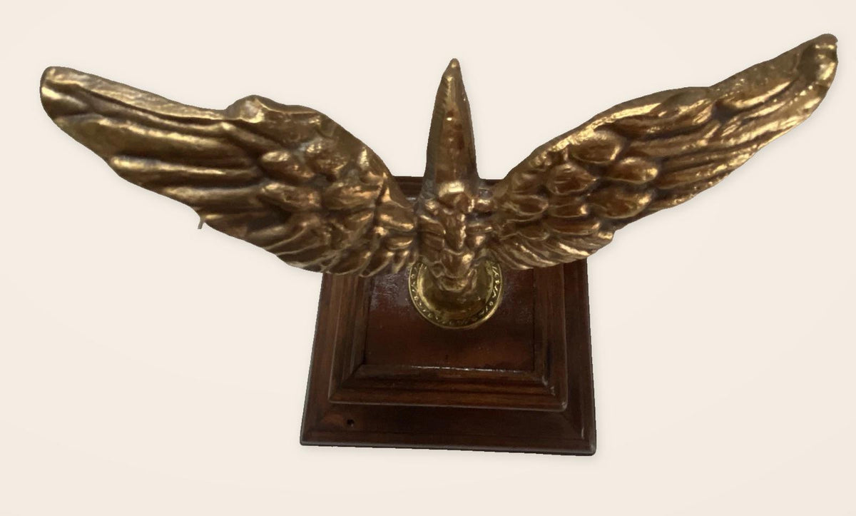 Vintage 1940s Gilt Bronze Eagle Trophy Paperweight with Spread Wings on Stepped Wood Plinth, Desk Sculpture or Office Decor